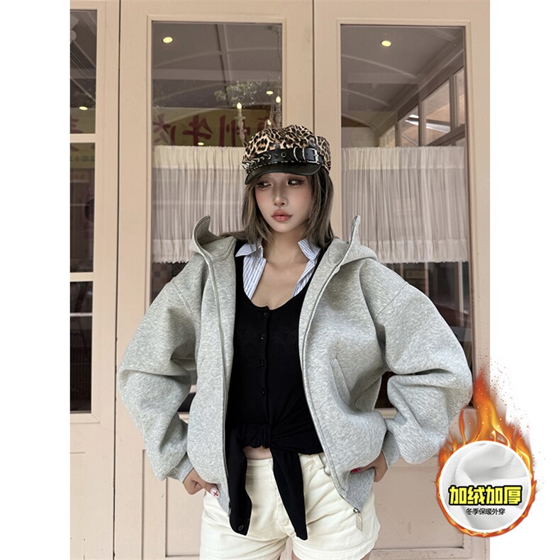 480G重磅加绒硬挺boxy男女秋冬美式高街防风高领卫衣开衫厚外套，女装短外套，电商A486