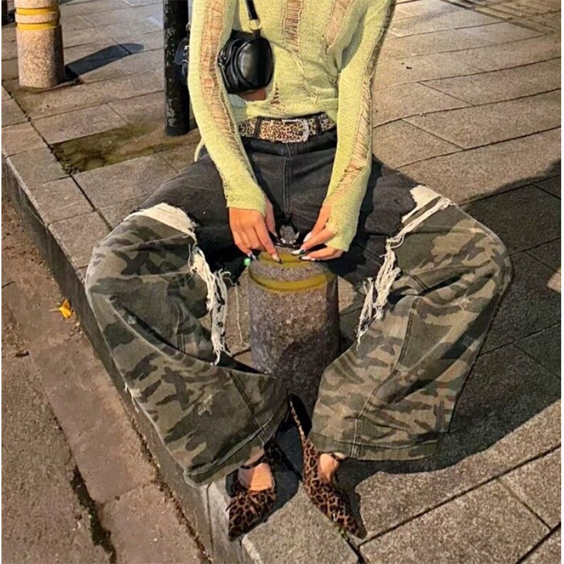 重磅设计感小众迷彩拼接毛边牛仔裤男女宽松显瘦直筒破洞阔腿长裤,男装牛仔裤,星座601-2