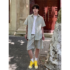 泡泡纱格子衬衫两件套5XZ1055-TP6099短裤透气休闲短袖套装，男装衬衫，电商A102