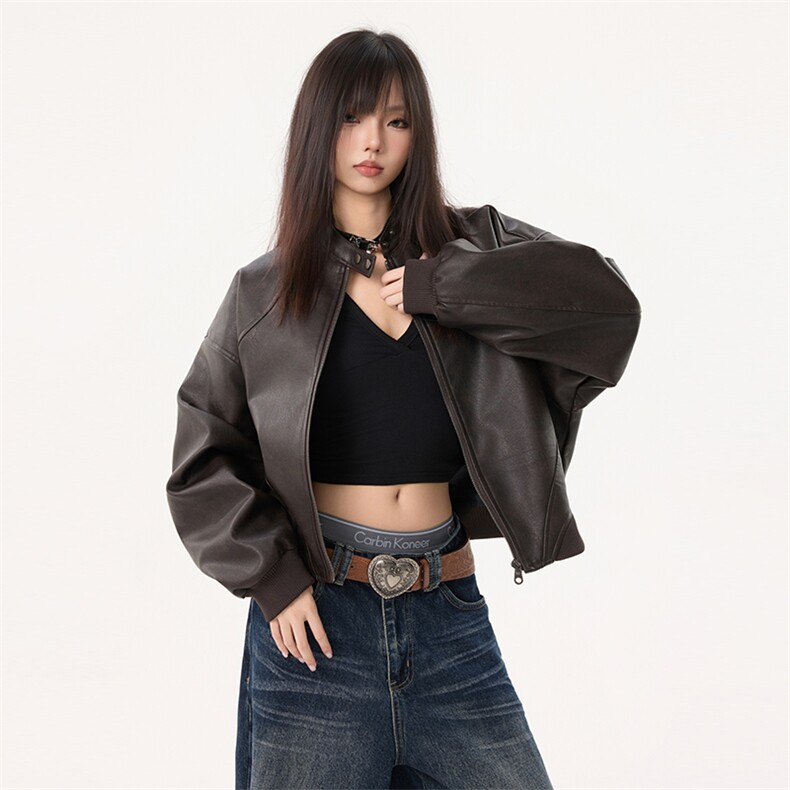 黑色辣妹立领短外套女秋冬款美式宽松显瘦皮衣夹克上衣YD04-P115图片