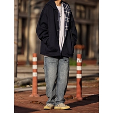 春秋季新款日系复古纯色格纹开衫男女休闲宽松连帽卫衣外套气质，女装短外套，星座506A