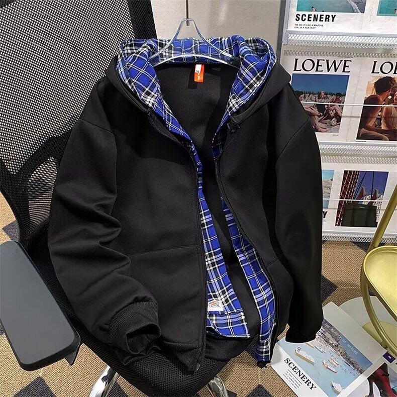 美式假两件连帽格子卫衣开衫男宽松秋cleanfit外套,男装卫衣,星座1013