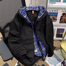 美式假两件连帽格子卫衣开衫男宽松秋cleanfit外套，男装卫衣，星座1013
