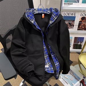 美式假两件连帽格子卫衣开衫男宽松秋cleanfit外套图片