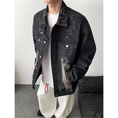 港风秋款男牛仔夹克衫破洞渐变色宽松外套JAK52P80，男装工装外套，星座1013-1