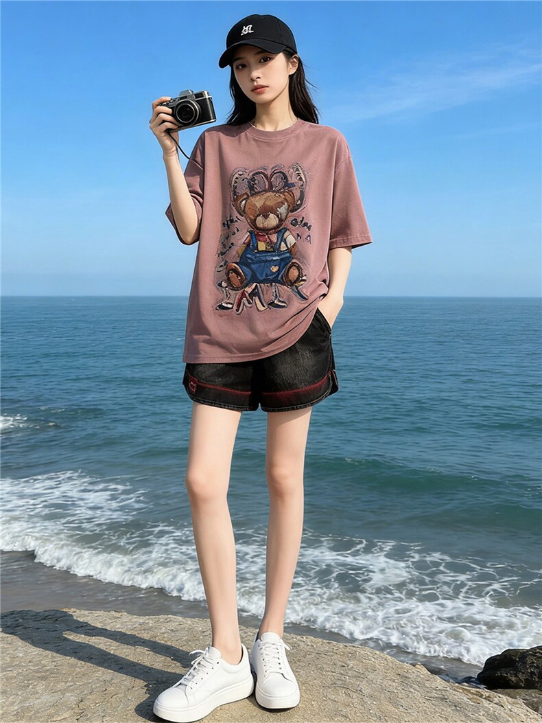 欧货休闲时尚运动套装女夏新款圆领短袖小熊上衣宽松短裤两件套潮,女装套装/套裙,江南
