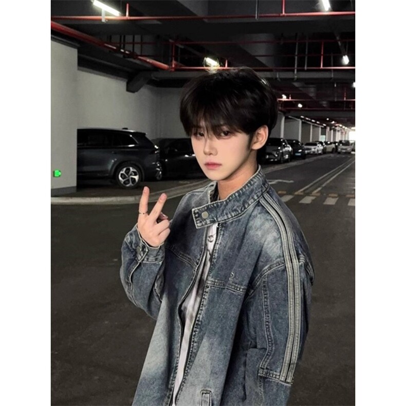 美式牛仔外套男春秋款美式复古高级感欧美潮牌条纹立领夹克衫,男装工装外套,四季星座505