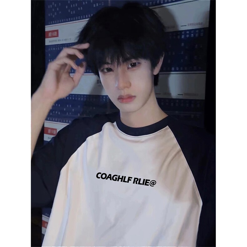 抖音得物高品质二开240克宽松纯棉美式潮牌插肩袖拼接短袖T恤，男装T恤，电商A486-1