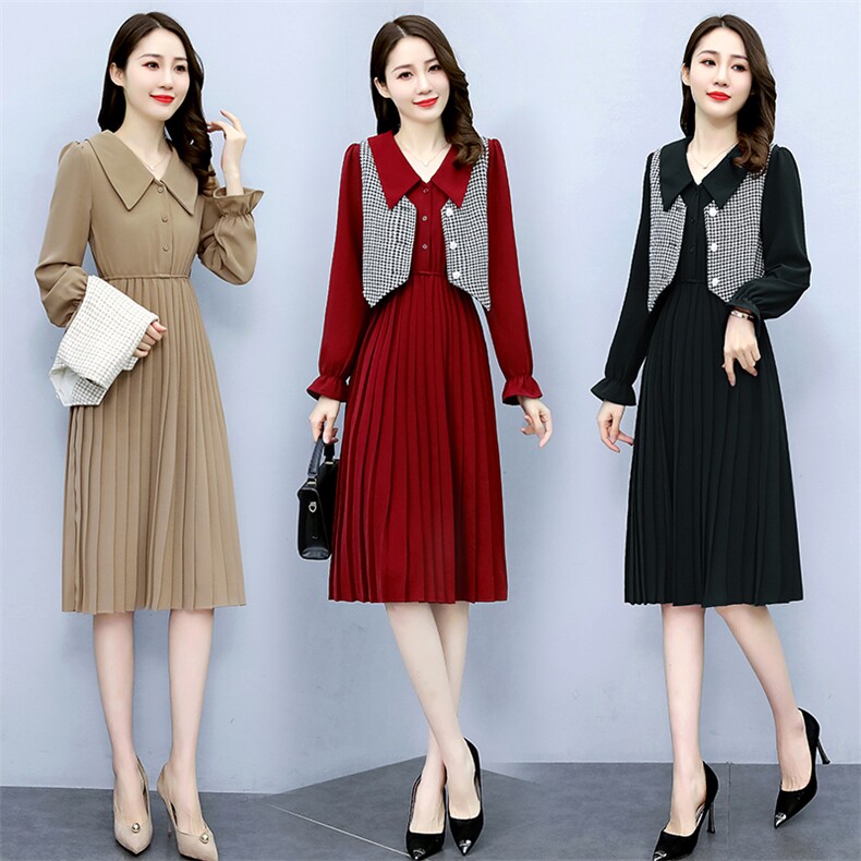 现货52023春季新款气质时尚百褶马夹两件套连衣裙,女装连衣裙,蓝诺裳