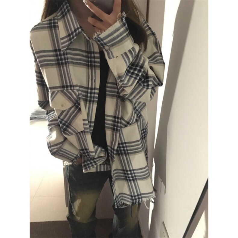 【有货】cleanfit毛边黑白格子衬衫设计感破坏衬衣C909LL-特P50图片