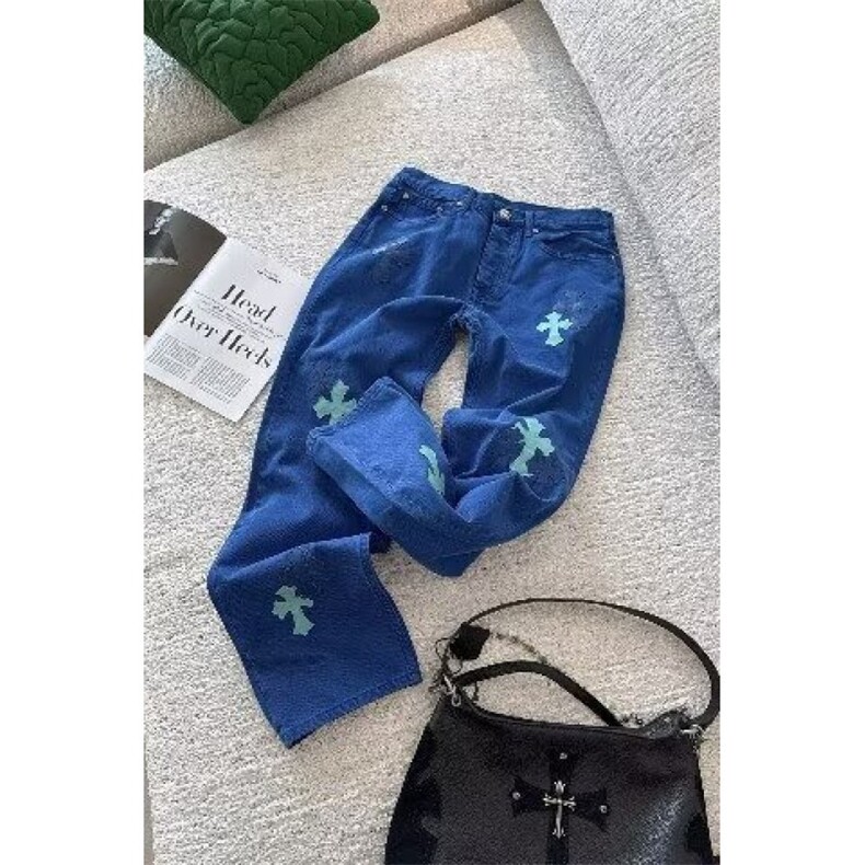 美式复古高腰蓝色牛仔裤春秋季辣妹高街设计感宽松显瘦窄版直筒裤,男装牛仔裤,四季星座505