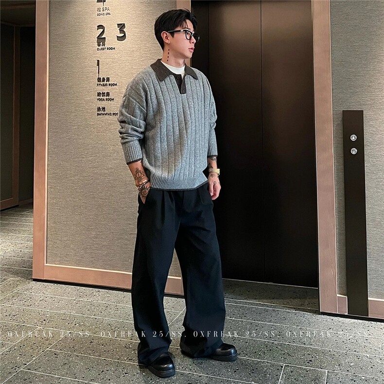 203-6F2543P58～撞色拼接海鸥领老钱风肌理Polo领毛衣,男装针织衫/毛衣,星座203-6(原电商259)