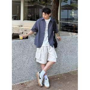 夏季青少年格子短袖衬衫男女生2025复古百搭宽松休闲衬衣 C153图片