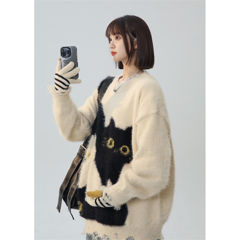 美式复古学院风猫猫趣味针织衫情侣毛衣XZ225-3-MY809-P80控98,男装针织衫/毛衣,星座225-3