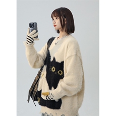 美式复古学院风猫猫趣味针织衫情侣毛衣XZ225-3-MY809-P80控98，男装针织衫/毛衣，星座225-3