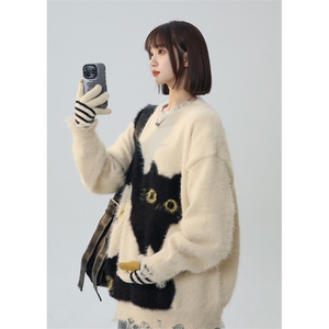 美式复古学院风猫猫趣味针织衫情侣毛衣XZ225-3-MY809-P80控98图片