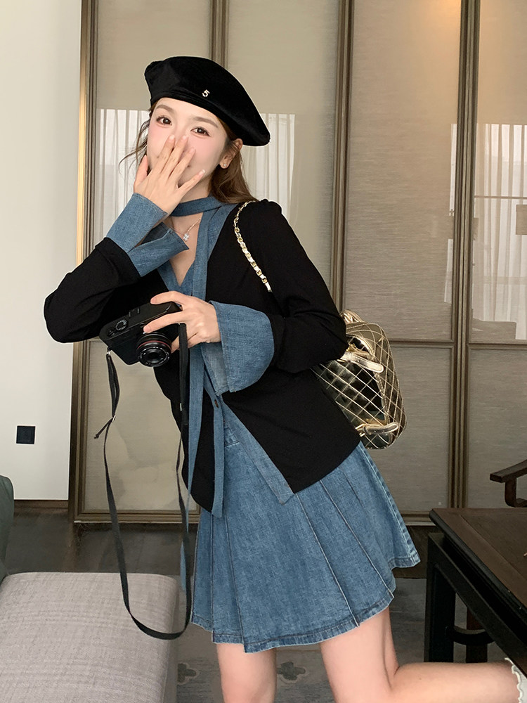 甜美牛仔拼接百褶短裙套装女春秋小个子两件套超火爆款高级感减龄,女装套装/套裙,浙宝276（原081）