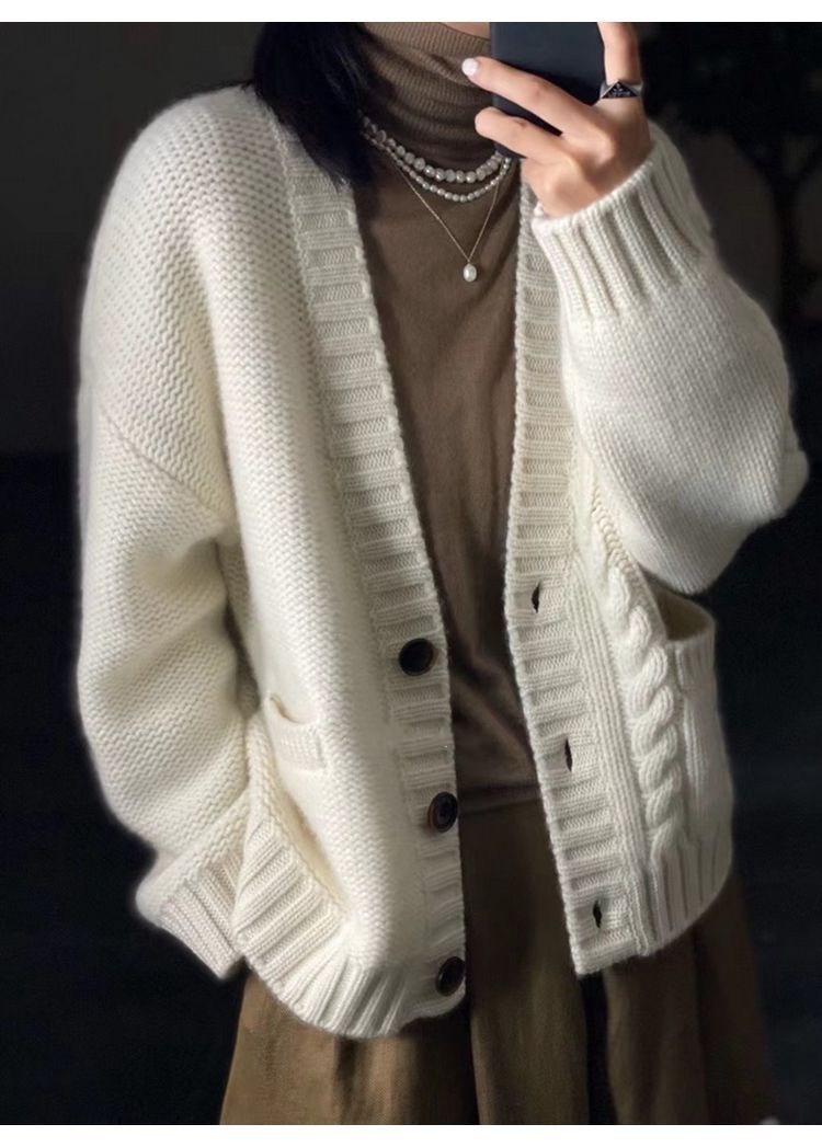 v领针织开衫女秋冬新款流行软糯毛衣外套慵懒外搭,女装羊毛衫,恩泰羊绒
