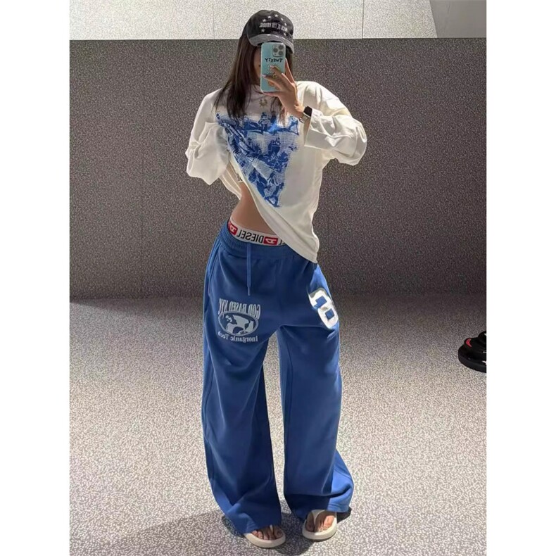 1506/Q16670/P50美式刺绣植绒蓝色弯刀阔腿百搭休闲保暖卫裤,男装休闲裤,星座1506