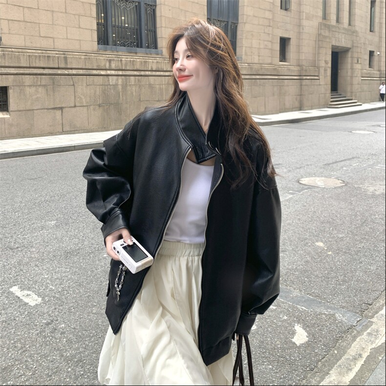 甜酷风美式复古黑色皮衣外套女春秋2025新款超火爆款高级感PU夹克,女装皮衣,2D076
