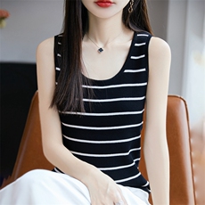2025年秋季新款百搭女士无袖条纹圆领马甲，女装针织衫/毛衣，丹芙娇羊绒