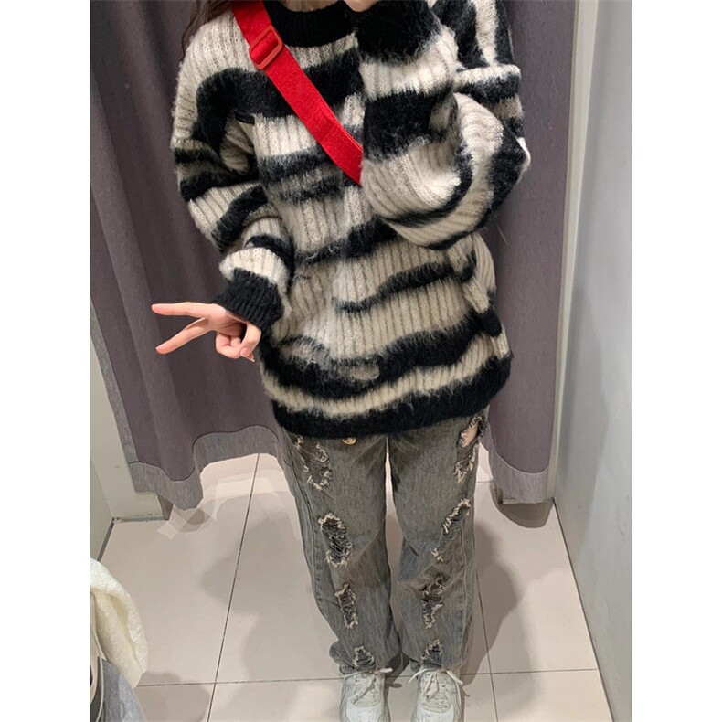 马海毛条纹美式复古毛衣男潮牌秋冬慵懒oversize针织衫M6011,男装针织衫/毛衣,星座1116A（原606A-3）