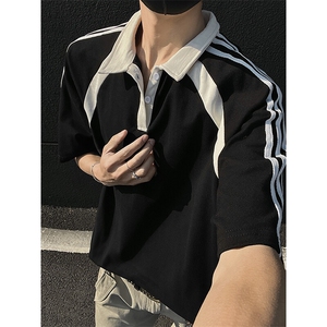 得物抖音高品二开240克纯棉美式高街痞帅翻领POLO织带短袖T恤图片