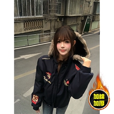 现货高品质美式高街重磅刺绣座山雕大毛毛领棉衣男女加厚棉服外套，男装棉衣，电商A486