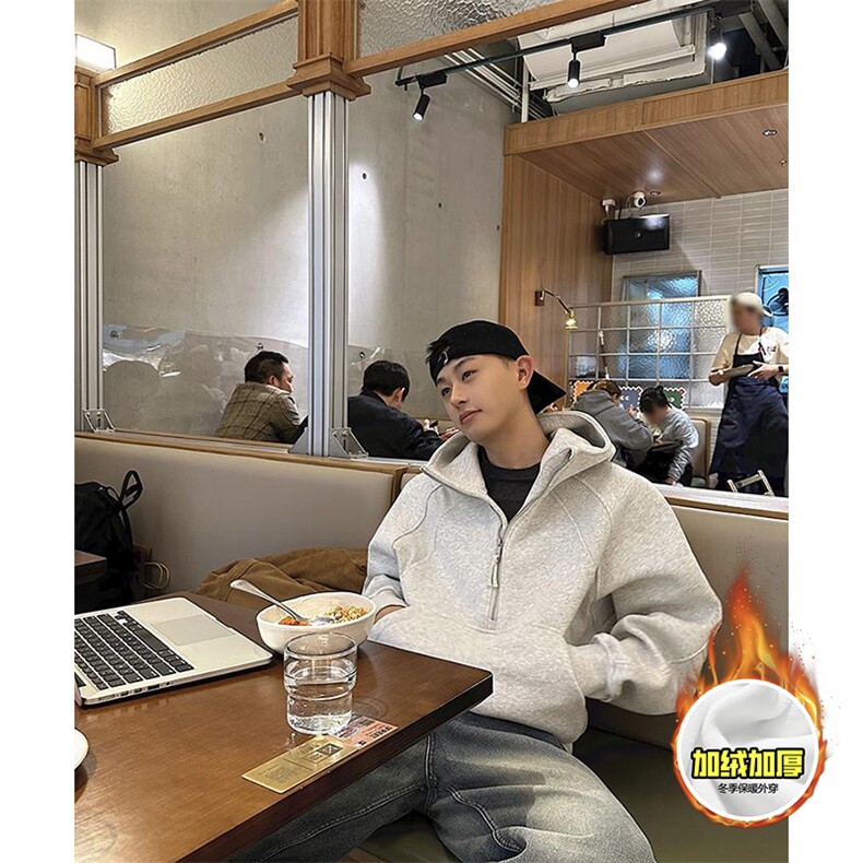 480G重磅加绒硬挺boxy男女秋冬美式高街结构半拉链卫衣开衫厚外套，女装短外套，电商A486