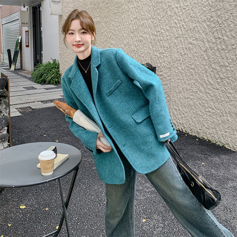 高级感超好看蓝色短款西装领毛呢外套女秋冬2024新款加厚呢子大衣,女装毛呢外套,2C262
