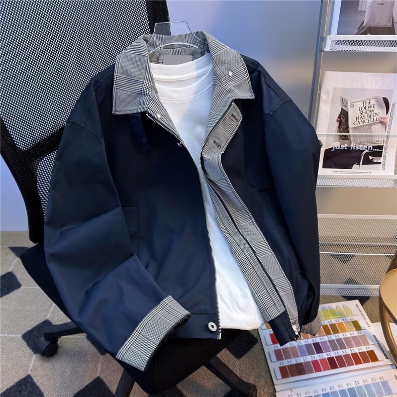 格纹拼接假两件棉服外套男女冬季保暖棒球服夹克翻领W6853-P65图片