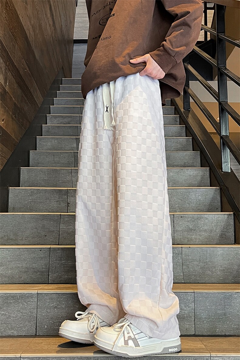 8XL-M特大码港风重磅棋盘格卫裤男士休闲运动裤直筒阔腿裤K961P60,男装休闲裤,电商D206-1