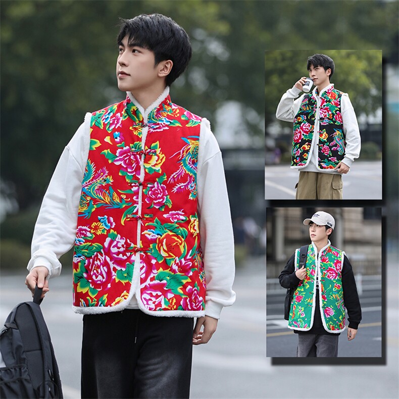 N4羊羔毛盘扣马甲男女情侣装新中式汉服表演出团队大花坎肩背心潮，男装背心/马甲，星座115A(原星座507）