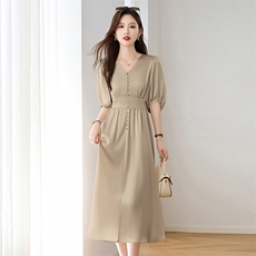 优雅气质V领连衣裙女2025夏新款收腰修身显瘦轻熟风气质纯色裙子，女装连衣裙，臻衣坊