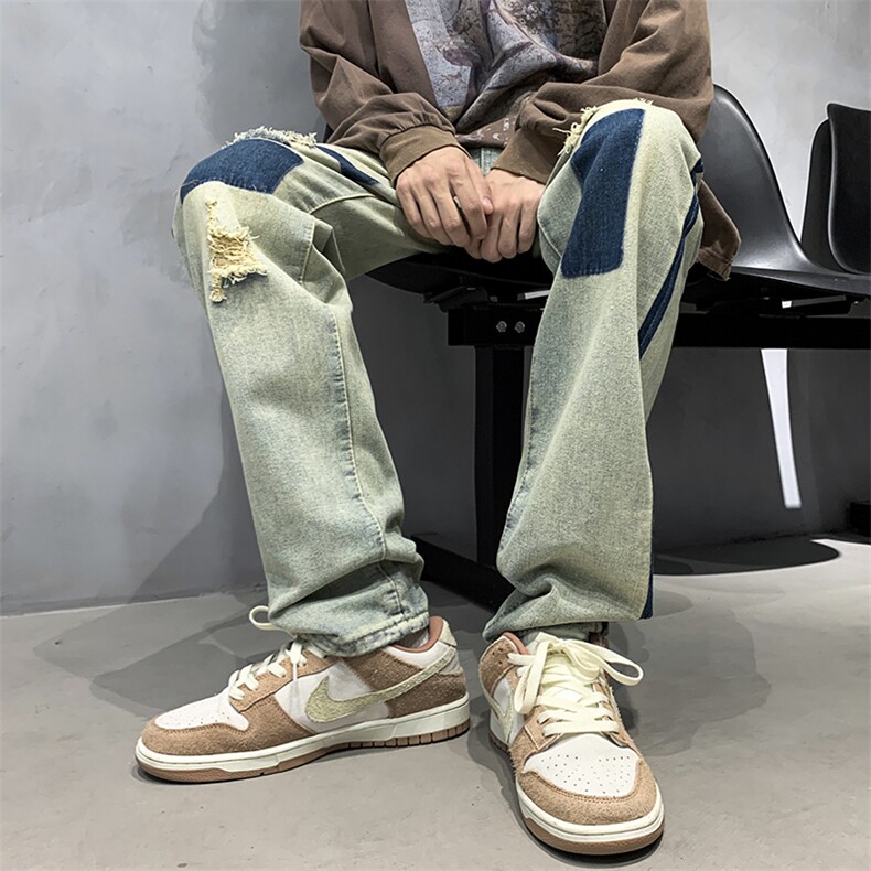 破洞牛仔裤男百搭宽松直筒阔腿贴布裤子潮贴补N0398-P45,男装牛仔裤,星座308B-1