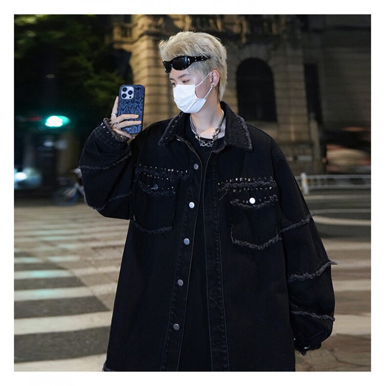 破坏毛边牛仔外套潮牌机车朋克美式重工铆钉珠黑色夹克JK1094-P78图片