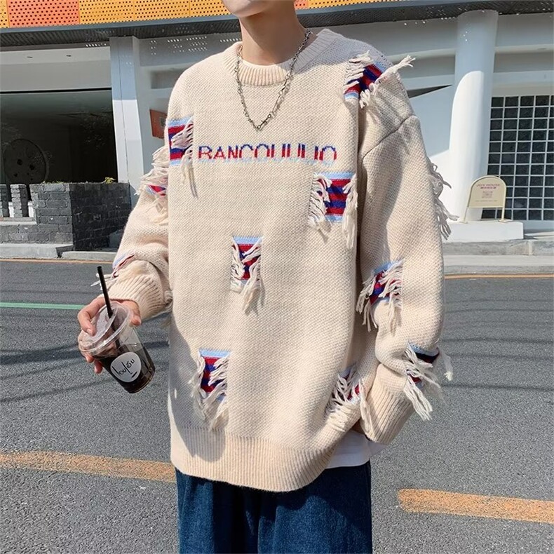 美式街头设计感圆领破洞毛衣男慵懒风休闲针织衫JY10P45,男装针织衫/毛衣,星座1116-2