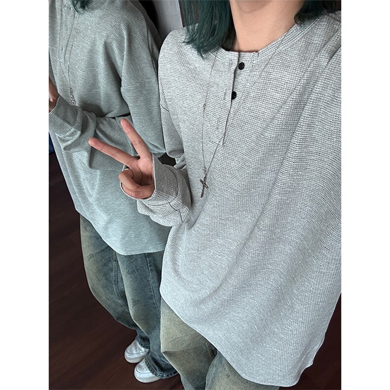 港风日系复古早秋男女套头V领长袖T恤设计感XZ213-V005-P35控48,男装T恤,星座213