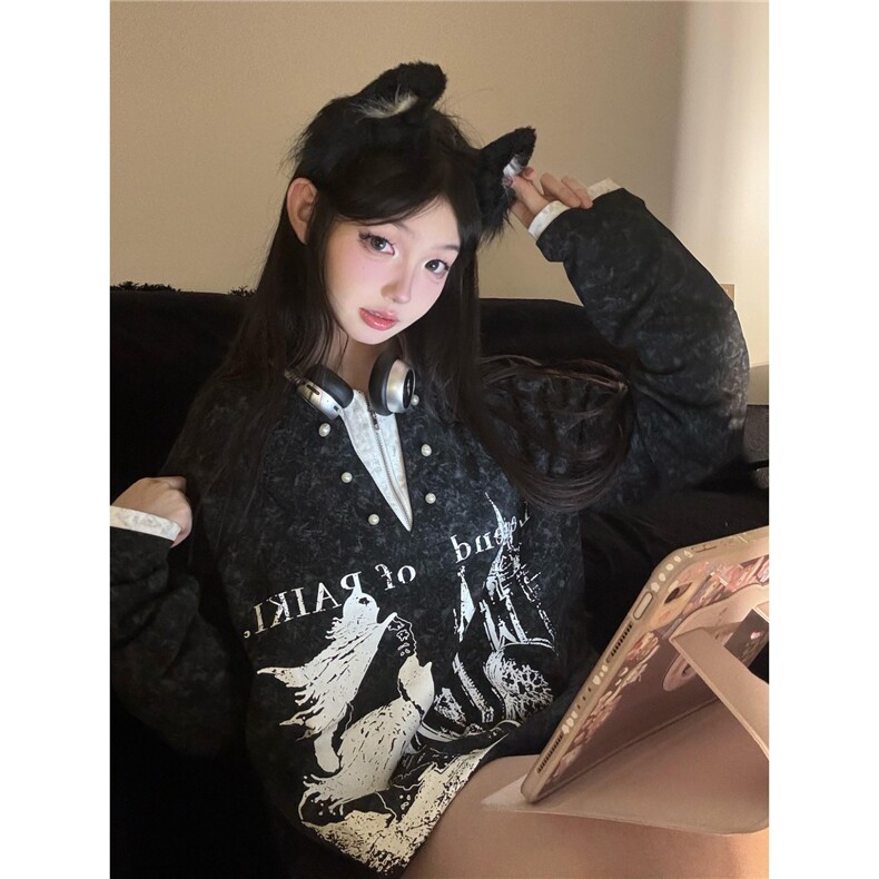 网络图现货潮牌假两件新款骑士古堡印花宽松长袖卫衣JTX01-P40,男装卫衣,星座715-7