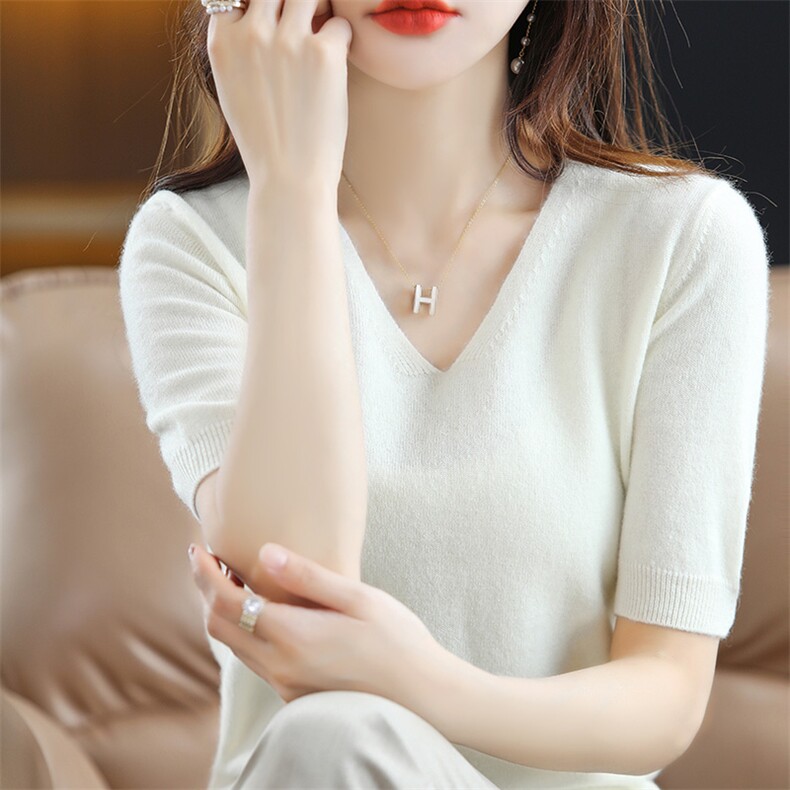 2025年V领套头毛衣女中袖打底衫宽松五分袖针织短袖女内搭上衣,针织衫/毛衣,皓宇羊绒