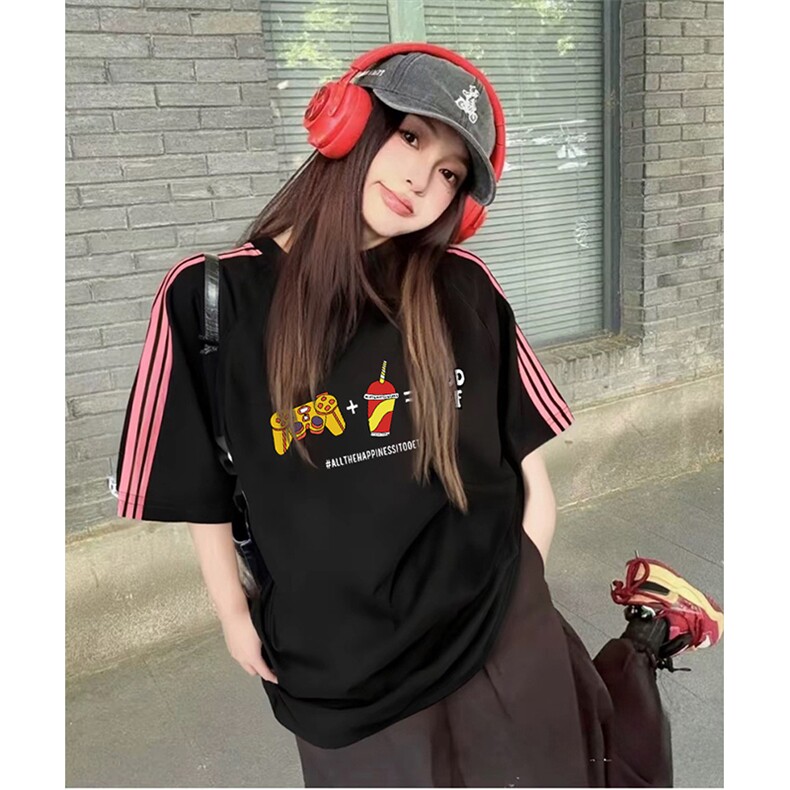 抖音得物品质二开240克宽松纯棉美式潮牌印花三条杠中性风短袖T恤,男装T恤,电商A486