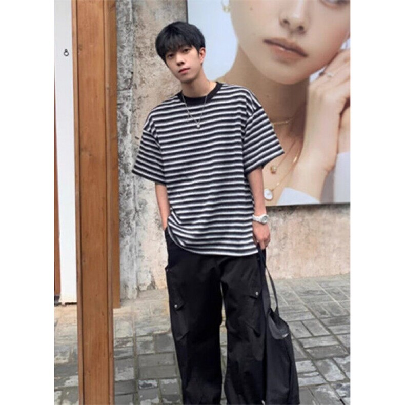 新款百搭气质文艺黑白条纹针织短袖t恤男夏季穿搭日系TT03,男装T恤,星座1116A（原606A-3）