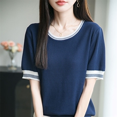 夏季新款时尚气质拼色圆领短袖女修身显瘦百搭休闲上衣，女装针织衫/毛衣，萱芳婷羊绒