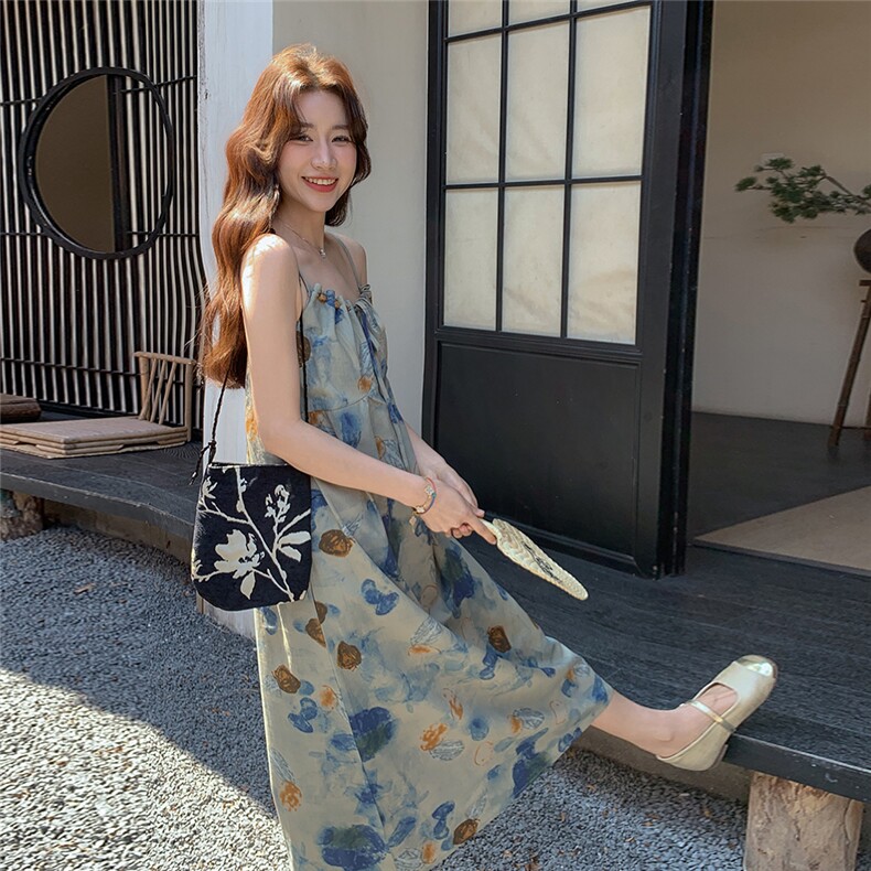 法式复古温柔风长款碎花吊带裙女2025夏季新款清冷感度假风连衣裙,女装连衣裙,2C258