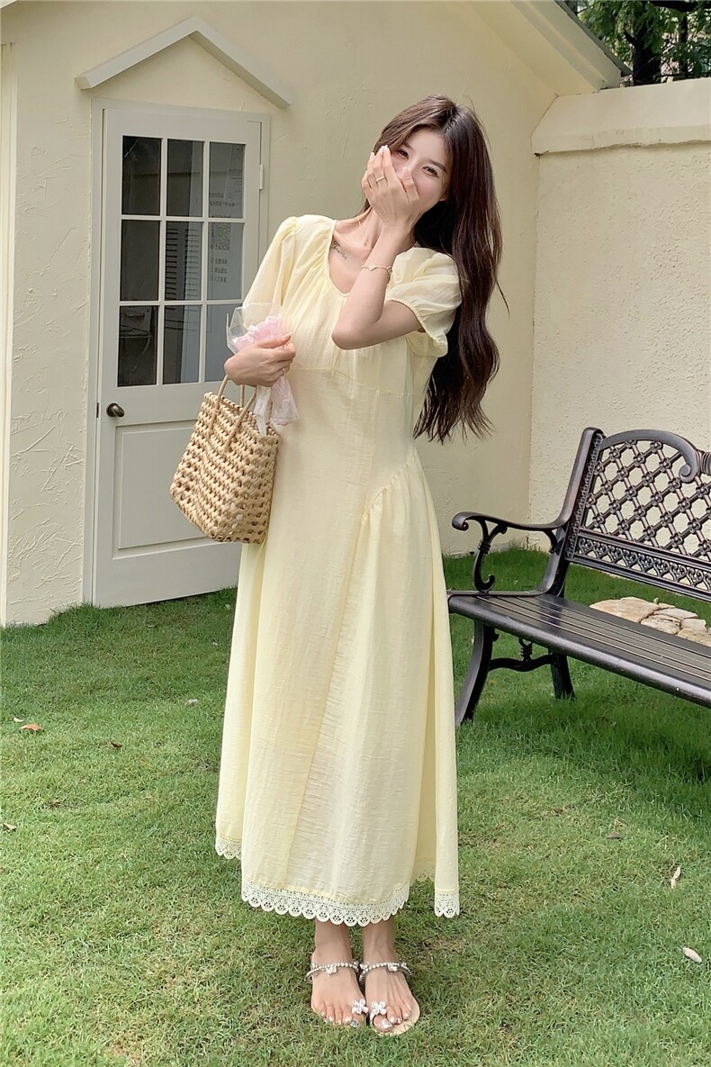 法式蕾丝花边浅黄色连衣裙女夏2025新款小个子显瘦爆款巨好看裙子,女装连衣裙,蝶眷