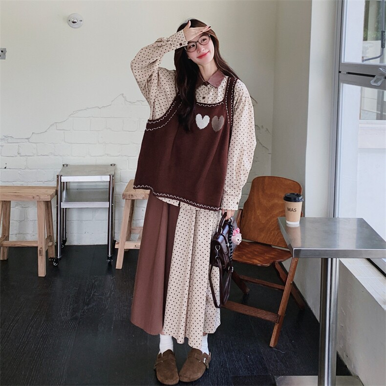 宽松减龄波点衬衫针织马甲套装裙女2025秋新款超好看小个子三件套，女装套装/套裙，浙宝217