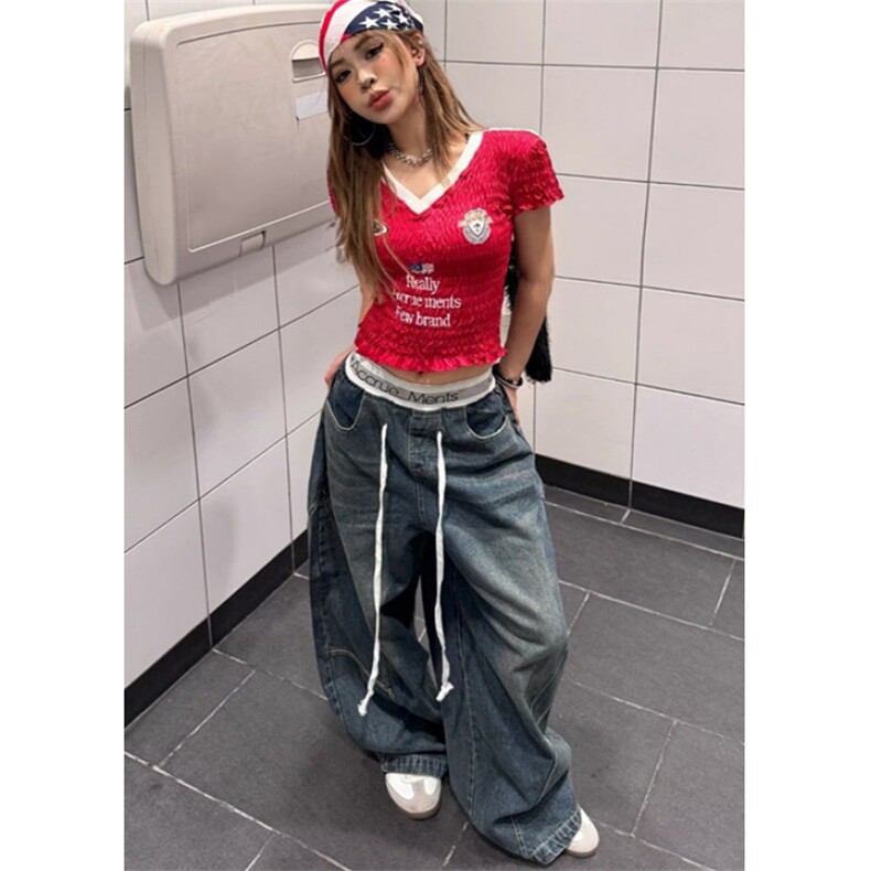 春秋款高腰阔腿拖地长裤女显瘦百搭松紧腰抽绳牛仔裤NZ7025,男装牛仔裤,星座1116A（原606A-3）