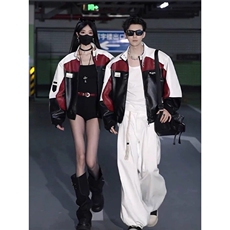 GC0737-P70网图PU皮衣飞行员夹克情侣拼接撞色痞帅机车骑行服外套，男装皮衣，电商C233