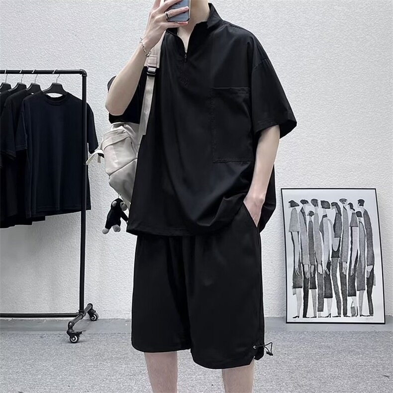 2023港风文艺短袖衬衫男春秋宽松潮流短裤百搭两件套,男装休闲套装,星座716-3