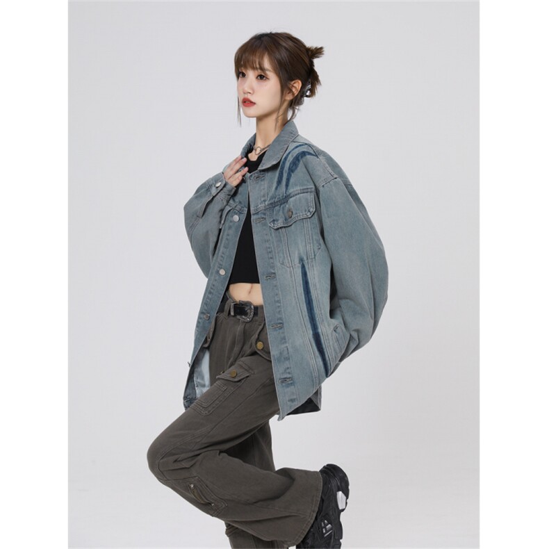 潮牌美式复古撞色图鸦情侣棒球服牛仔外套221-1-JK2310-P90控128,男装工装外套,星座221-1